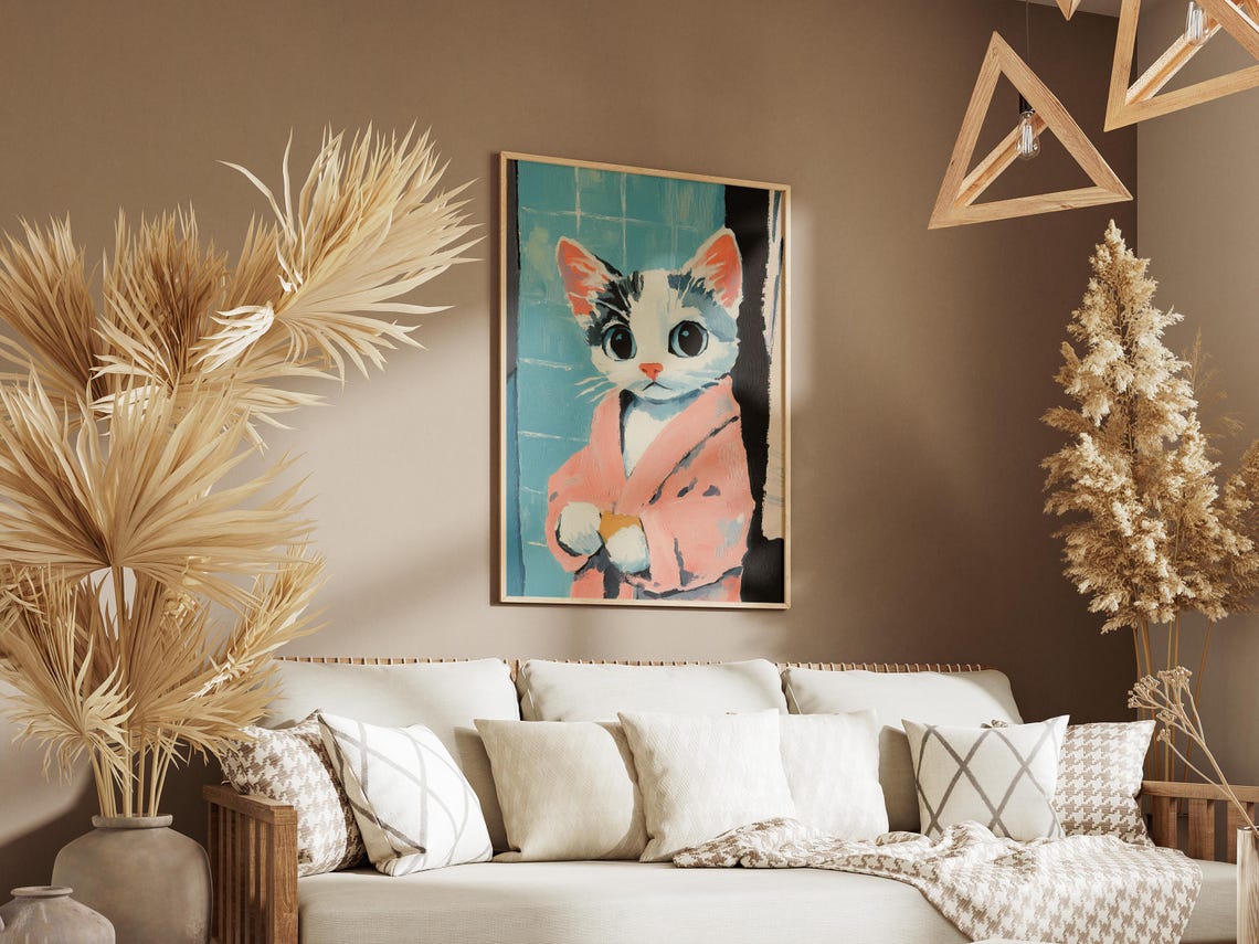 Tuxedo Kitten Pink Bathrobe Big Eyes Cute Nursery Cat Poster - Image 3
