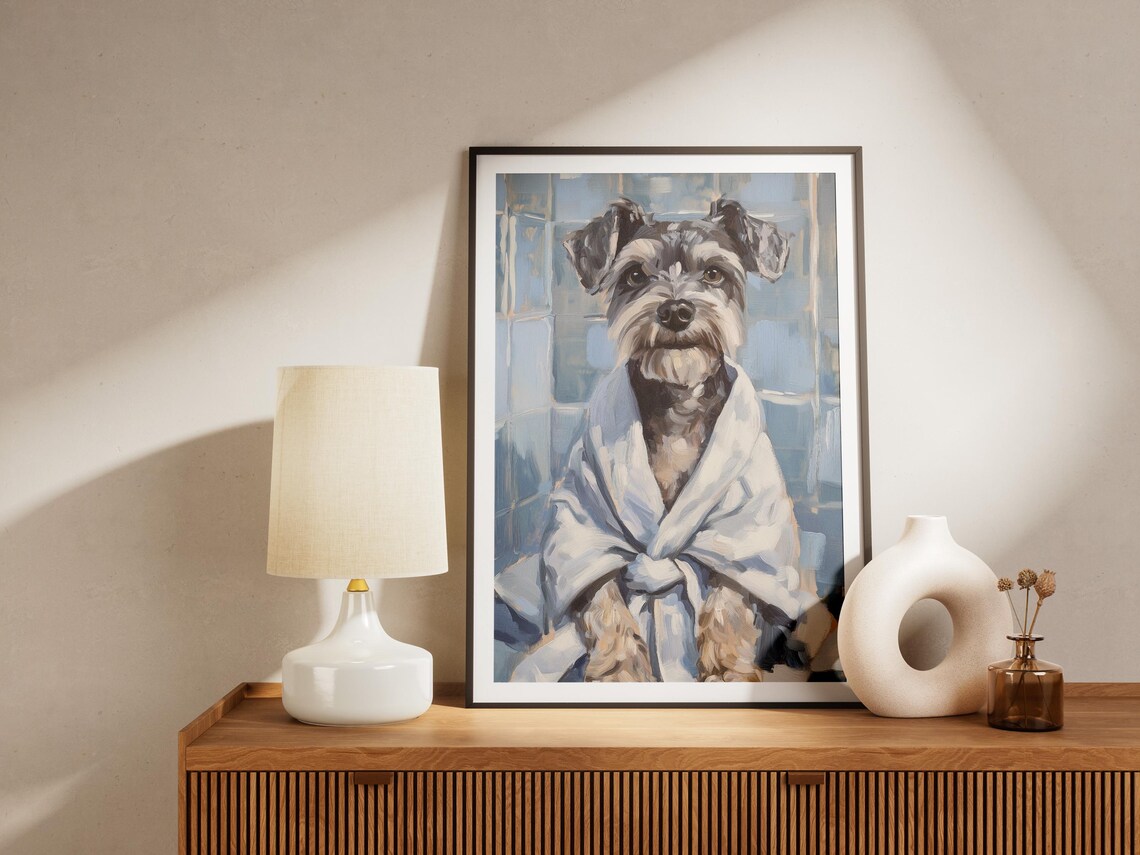 Miniature Schnauzer In White Towel Poster Cute Dog Bathroom Home Art - Image 4