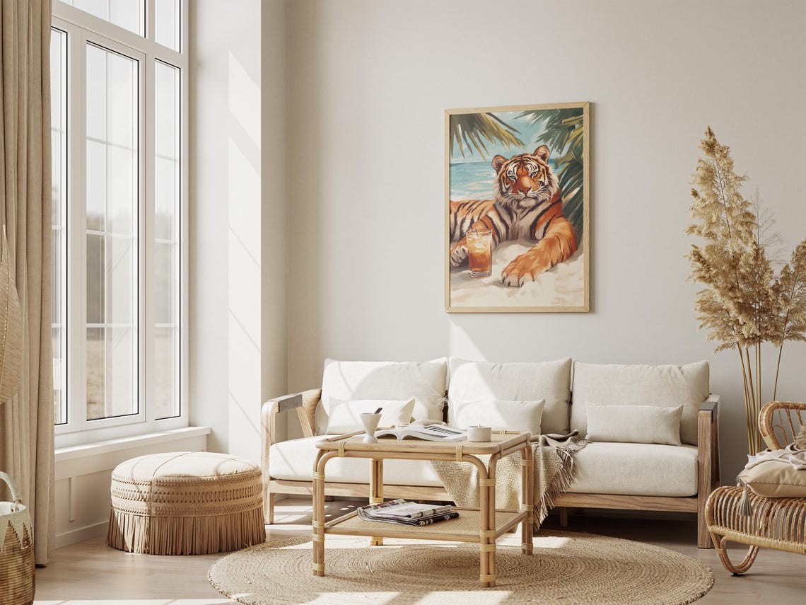 Relaxed Tiger Lounging On Warm Sand With Drink Under Palms Poster - Image 4