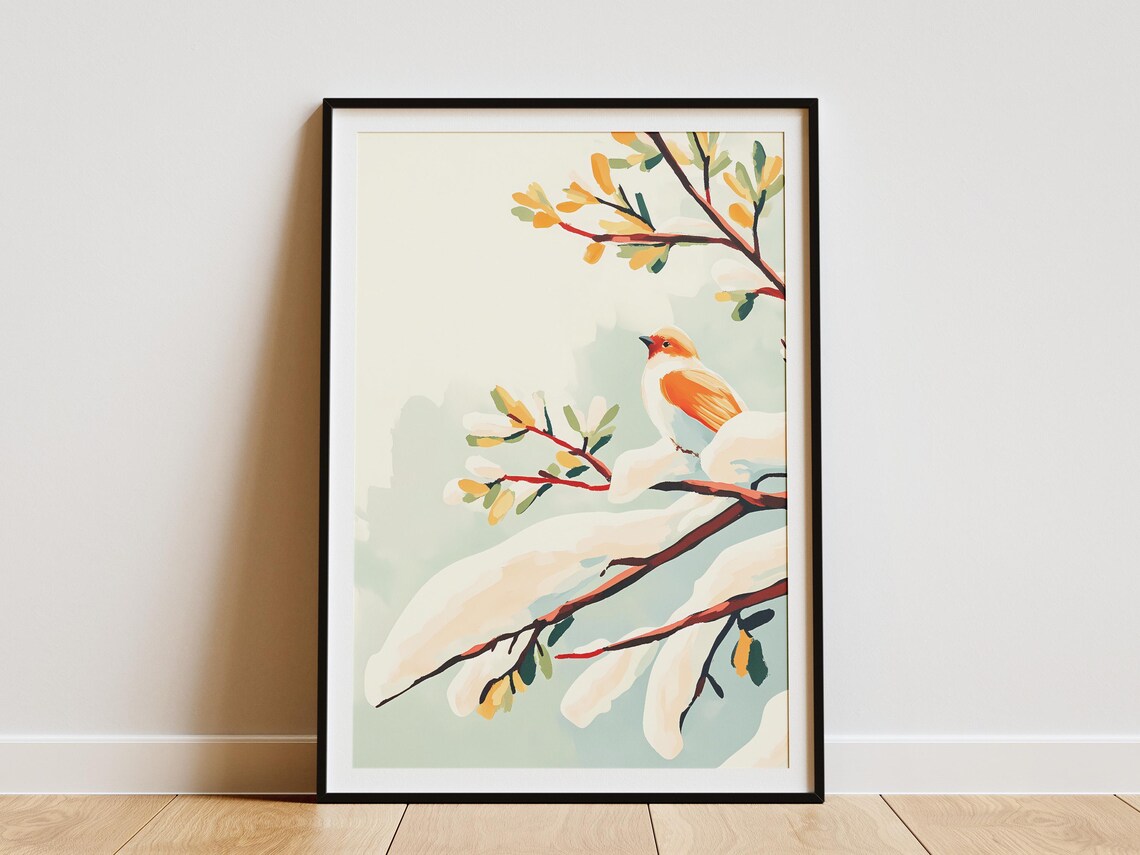 Orange Songbird Resting on a Snow Covered Branch in Winter Poster