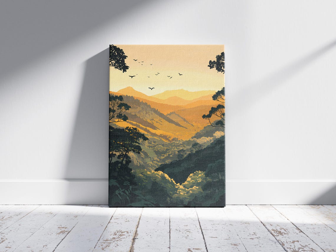 Warm Golden Mountain Valley Sunset Birds Retro Landscape Poster - Image 2