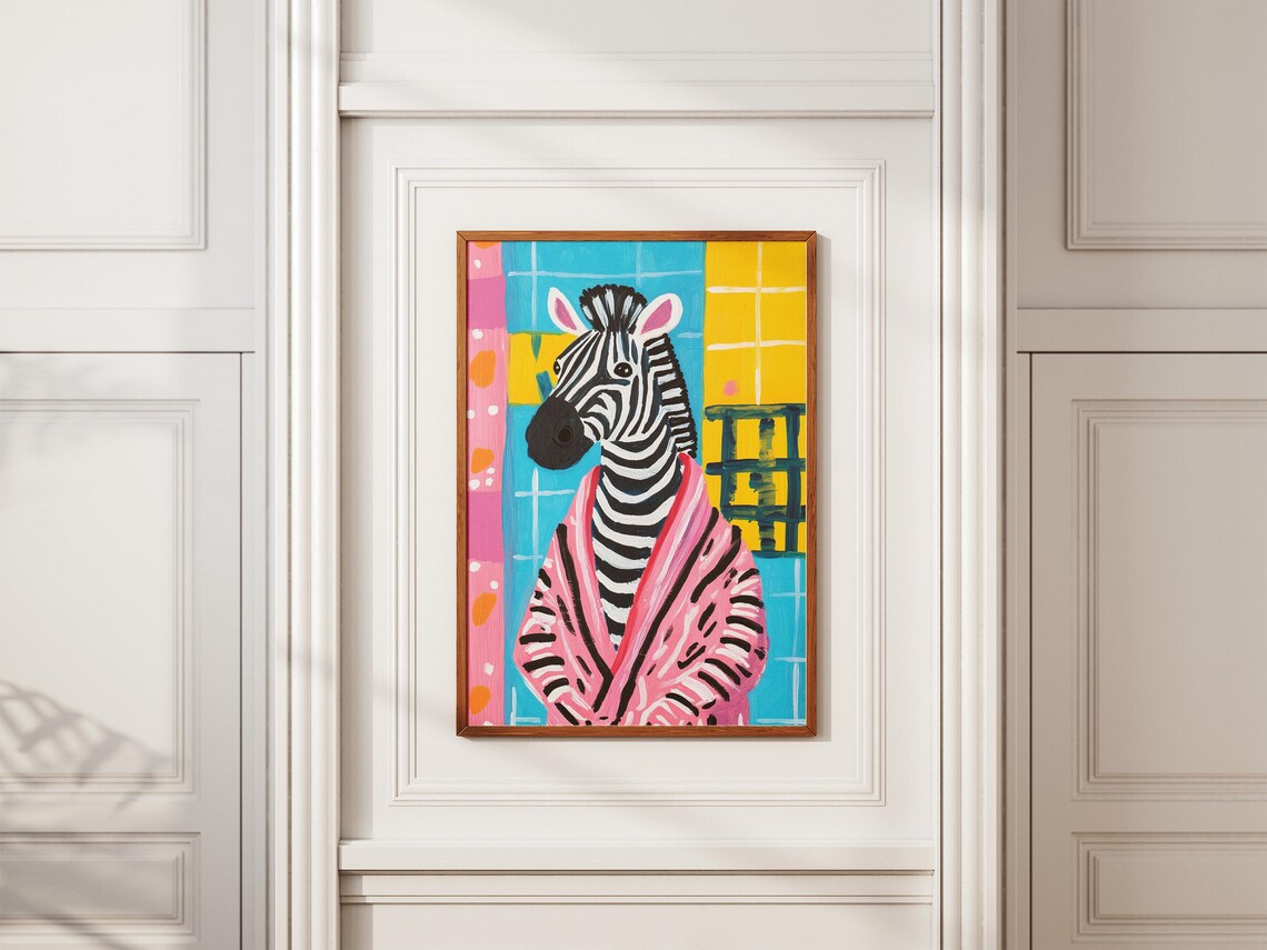 Zebra in Pink Bathrobe Colorful Mosaic Tile Bathroom Fun Poster - Image 2