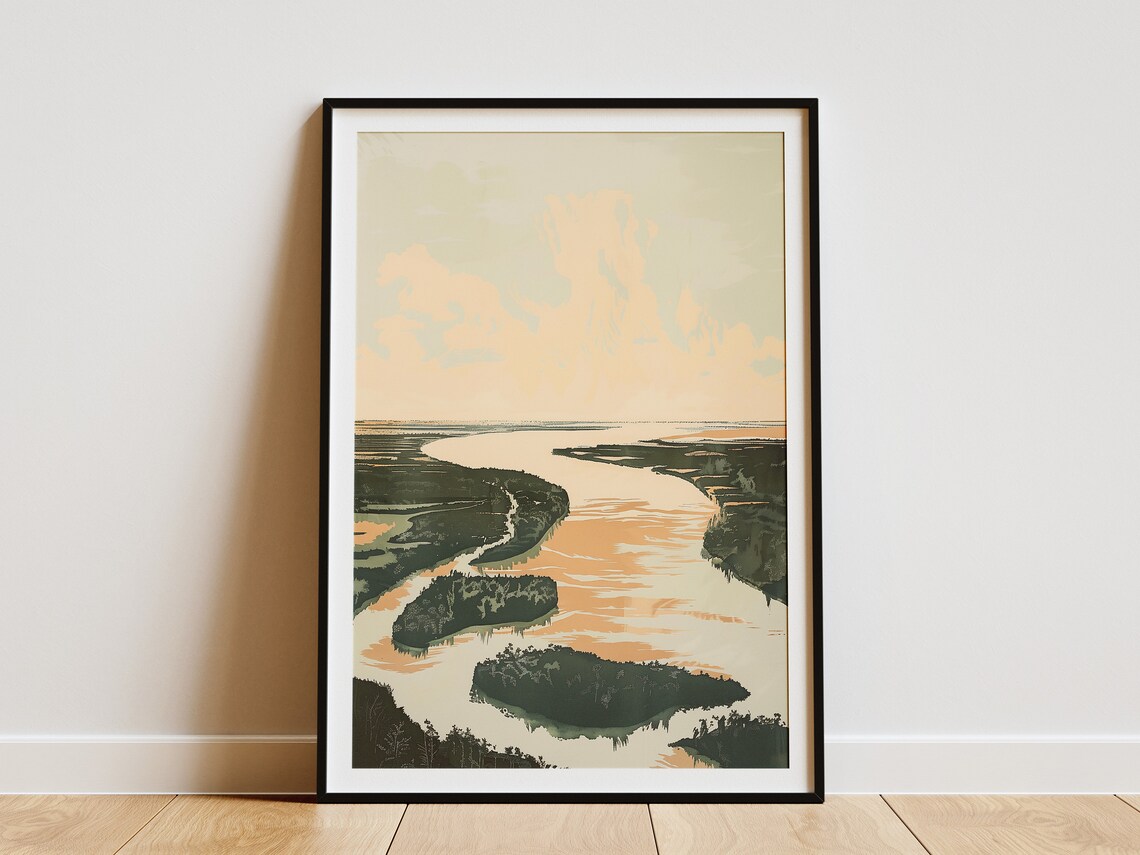 Louisiana River Delta Bayou Wetlands Aerial Vintage Nature Poster