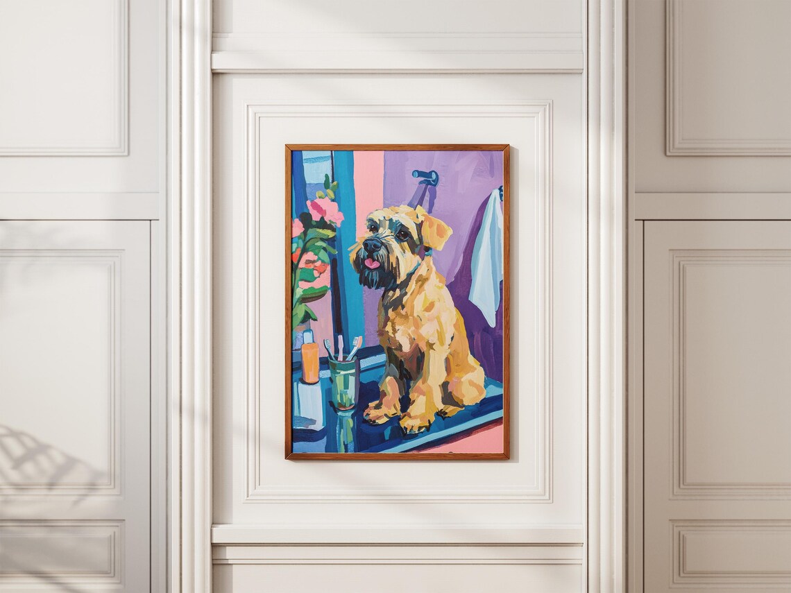 Wheaten Terrier at Bathroom Sink Toothbrush Morning Fun Poster - Image 2
