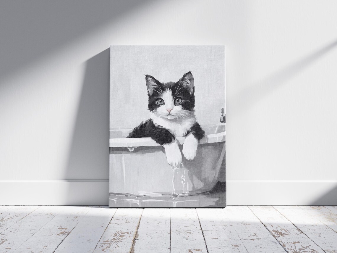 Tuxedo Kitten in Bathtub Black and White Cute Cat Bathroom Decor Poster - Image 2