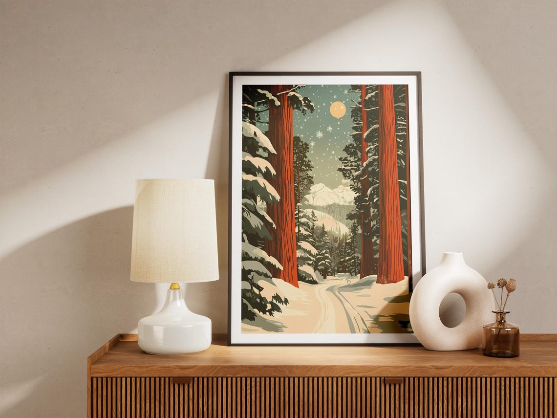 Moonlit Snowy Redwood Forest Path With Giant Trees Winter Poster - Image 5