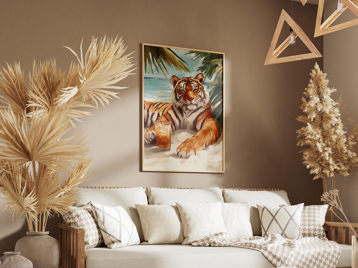 Relaxed Tiger Lounging On Warm Sand With Drink Under Palms Poster - Image 3