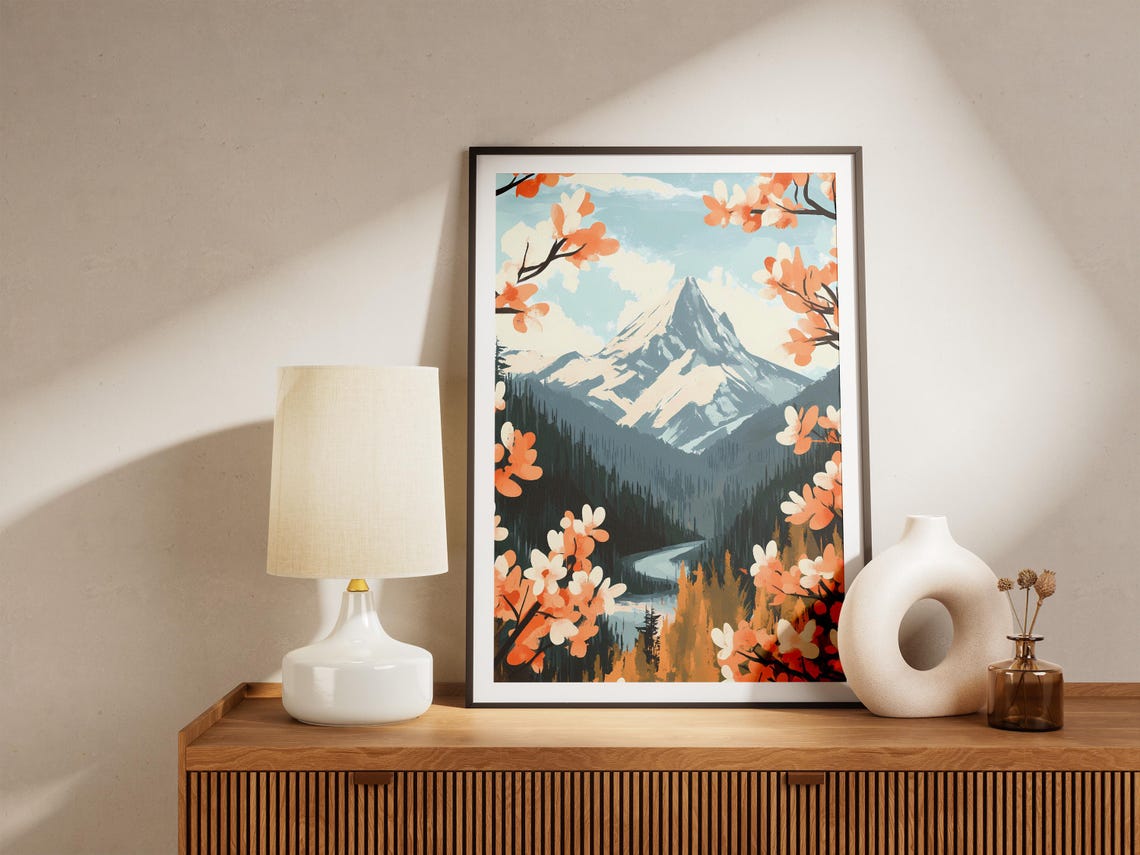 Snowy Mountain Peak Framed By Orange Spring Blossom Branches Poster - Image 5