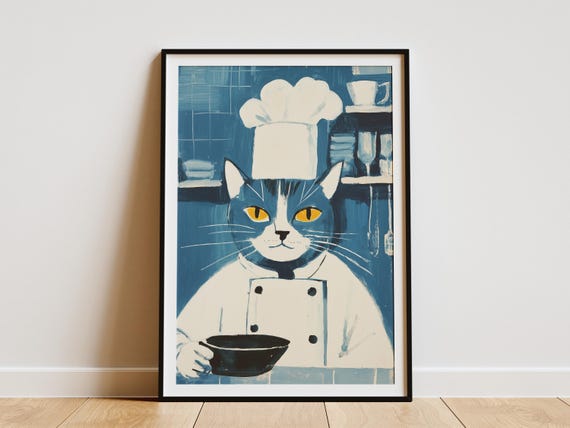 Domestic Shorthair Cat Chef Poster Kitchen Art Print Funny Lover Gift Culinary Blue Decor