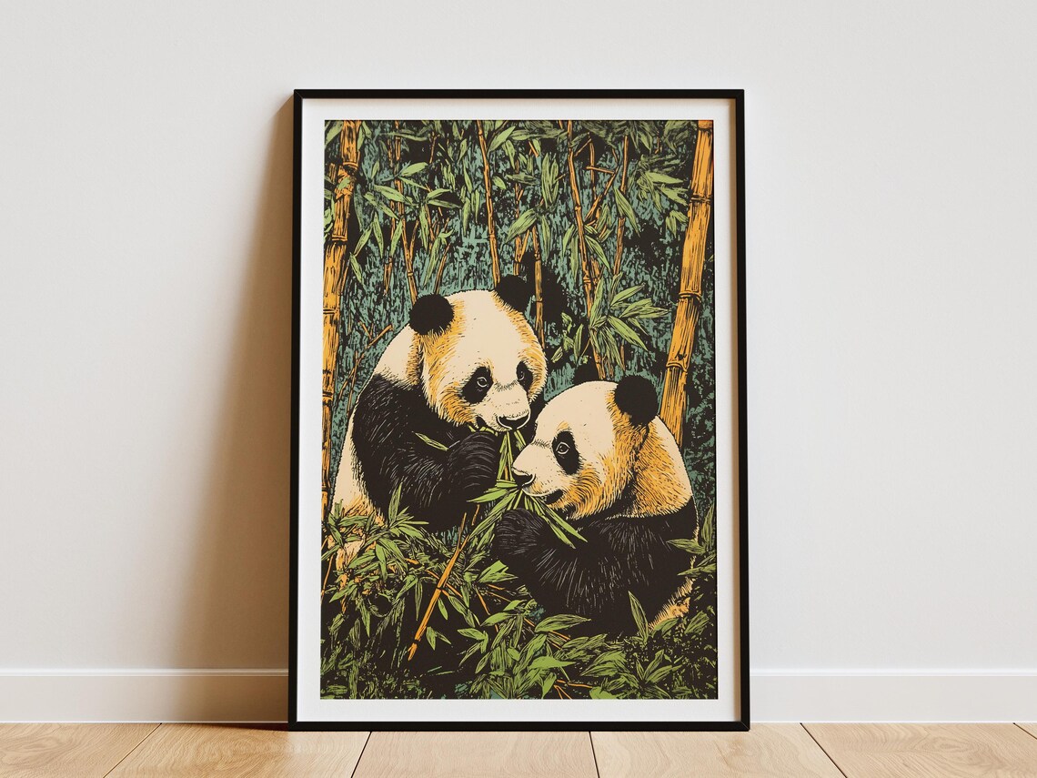 Two Giant Pandas Eating Bamboo Forest Vintage Wildlife Poster