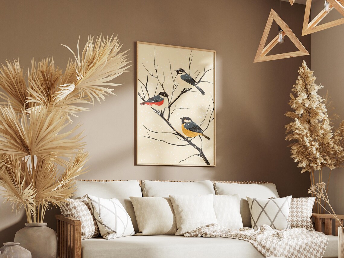 Three Songbirds On Snowy Branch Japanese Style Winter Bird Poster - Image 3