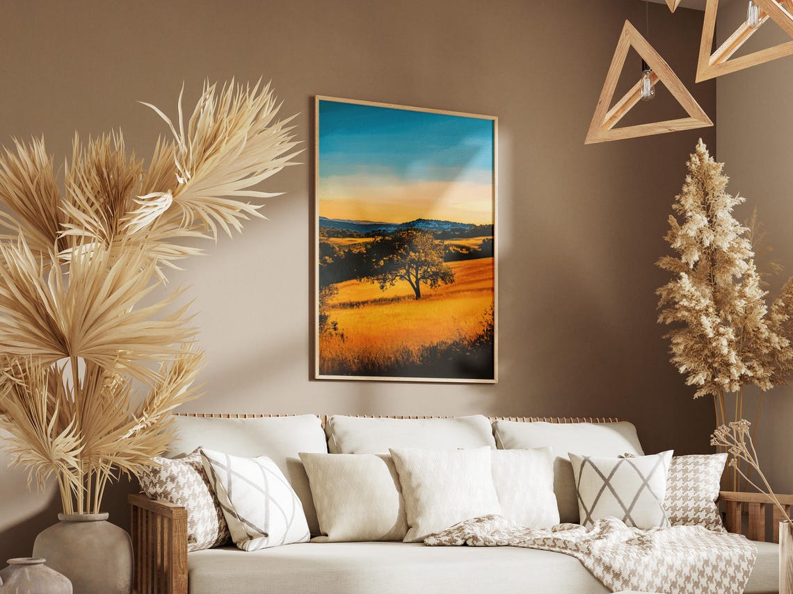 Lone Oak Tree On Golden Hillside Under Sunset Sky Scenic Poster - Image 3