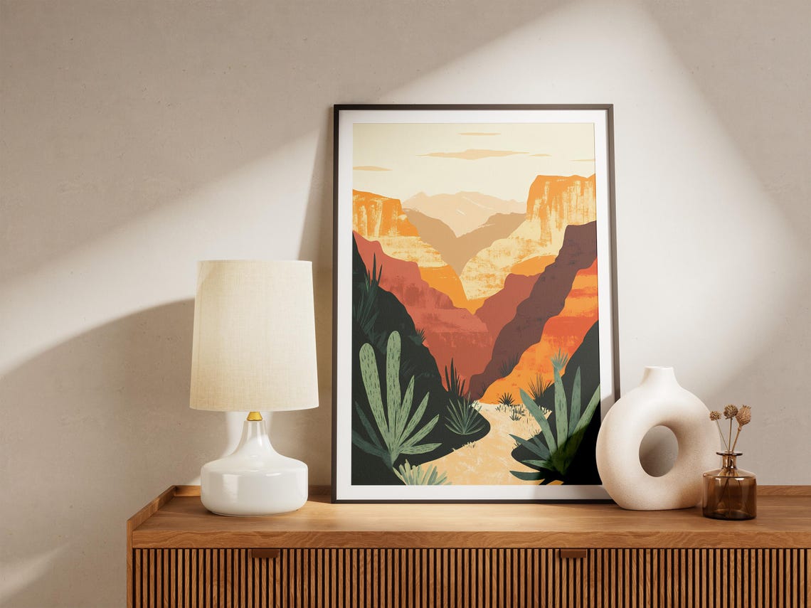 Desert Canyon with Agave Plants at Sunset Illustration Poster - Image 5