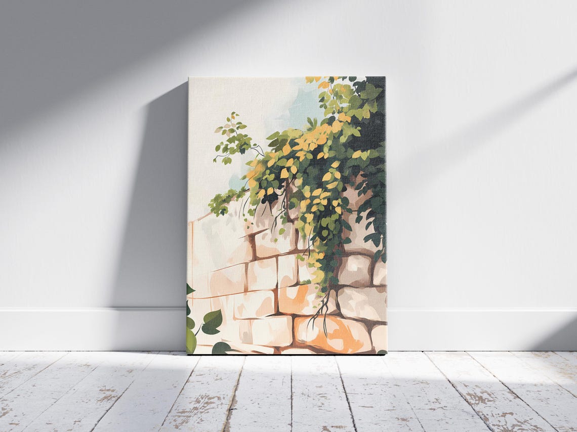 Green Vine Leaves On Old Stone Wall Botanical Nature Art Poster - Image 2
