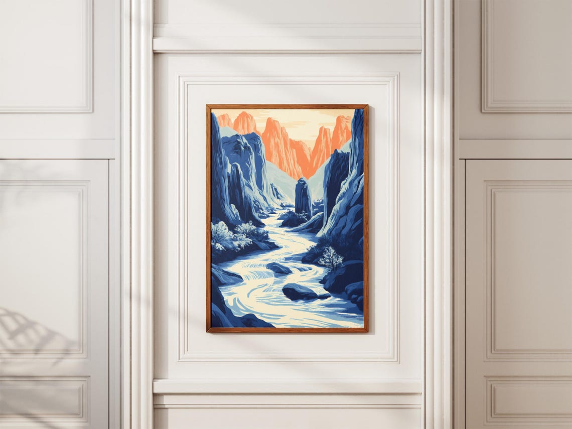 Canyon River Poster Blue River Landscape Print Nature Wall Art Modern Home Decor Blue And Orange Minimalist Artwork Abstract Mountain Scene - Image 2