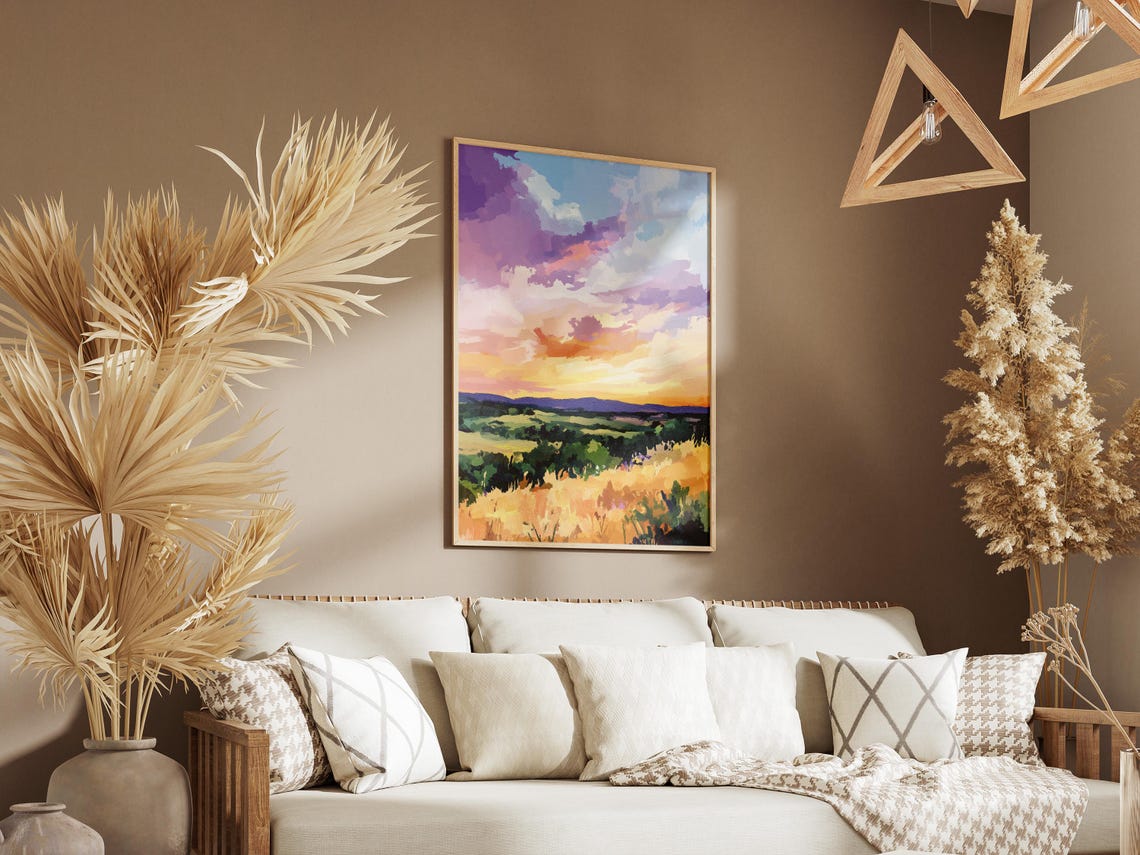 Painted Sunset Sky Over Rolling Green And Golden Hills Poster - Image 3