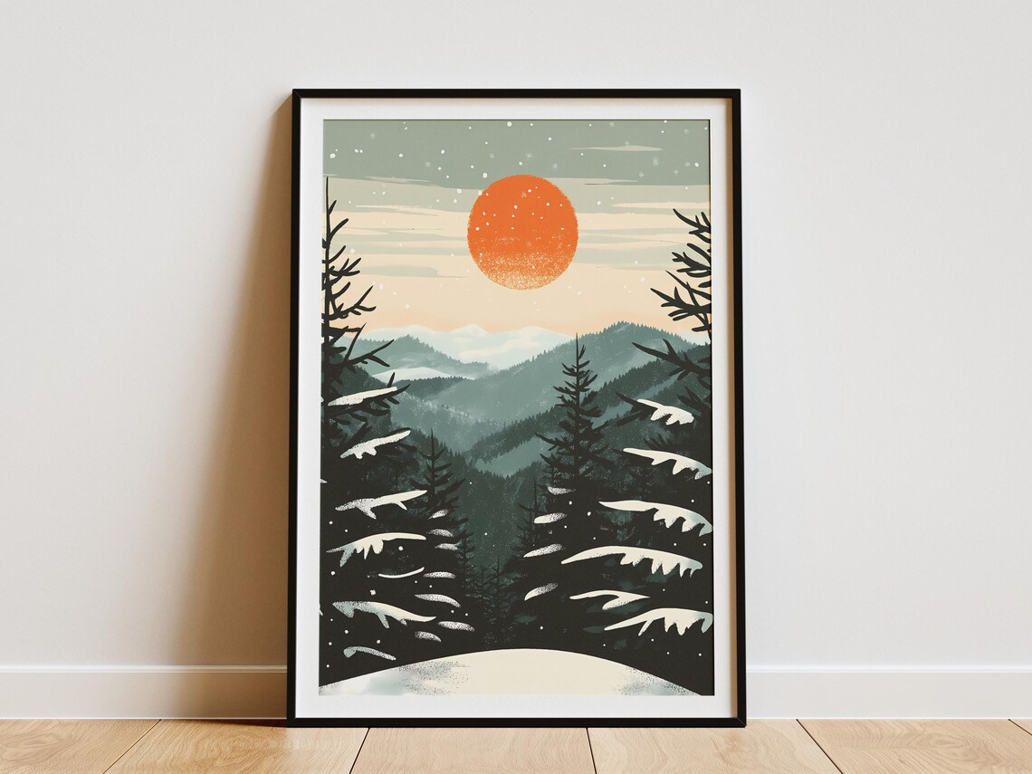 Smoky Mountains Winter Pines Under a Glowing Orange Moon Poster