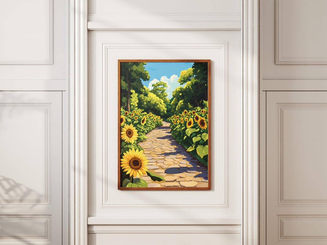 Sunflower Path Cobblestone Garden Summer Illustration Poster - Image 2