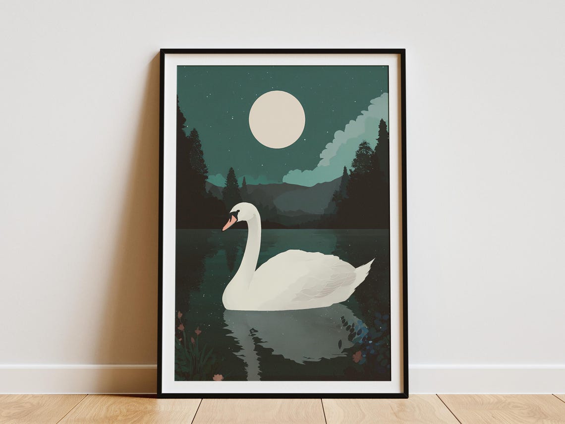 White Swan Gliding On Moonlit Lake Under Full Moon Night Poster