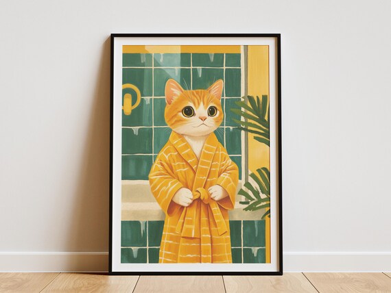 Orange Tabby Kitten in Yellow Bathrobe Green Tiled Bath Poster