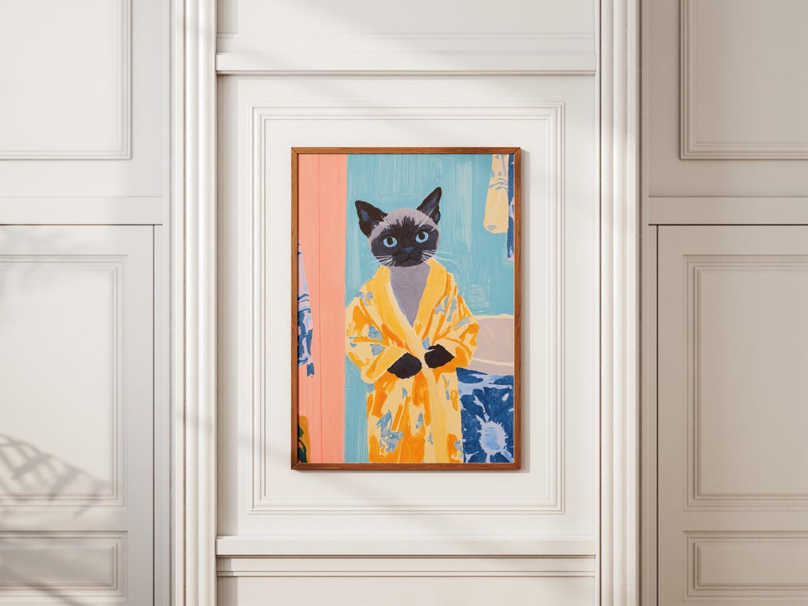Siamese Kitten in Yellow Bathrobe Cute Cat Bathroom Wall Poster - Image 2