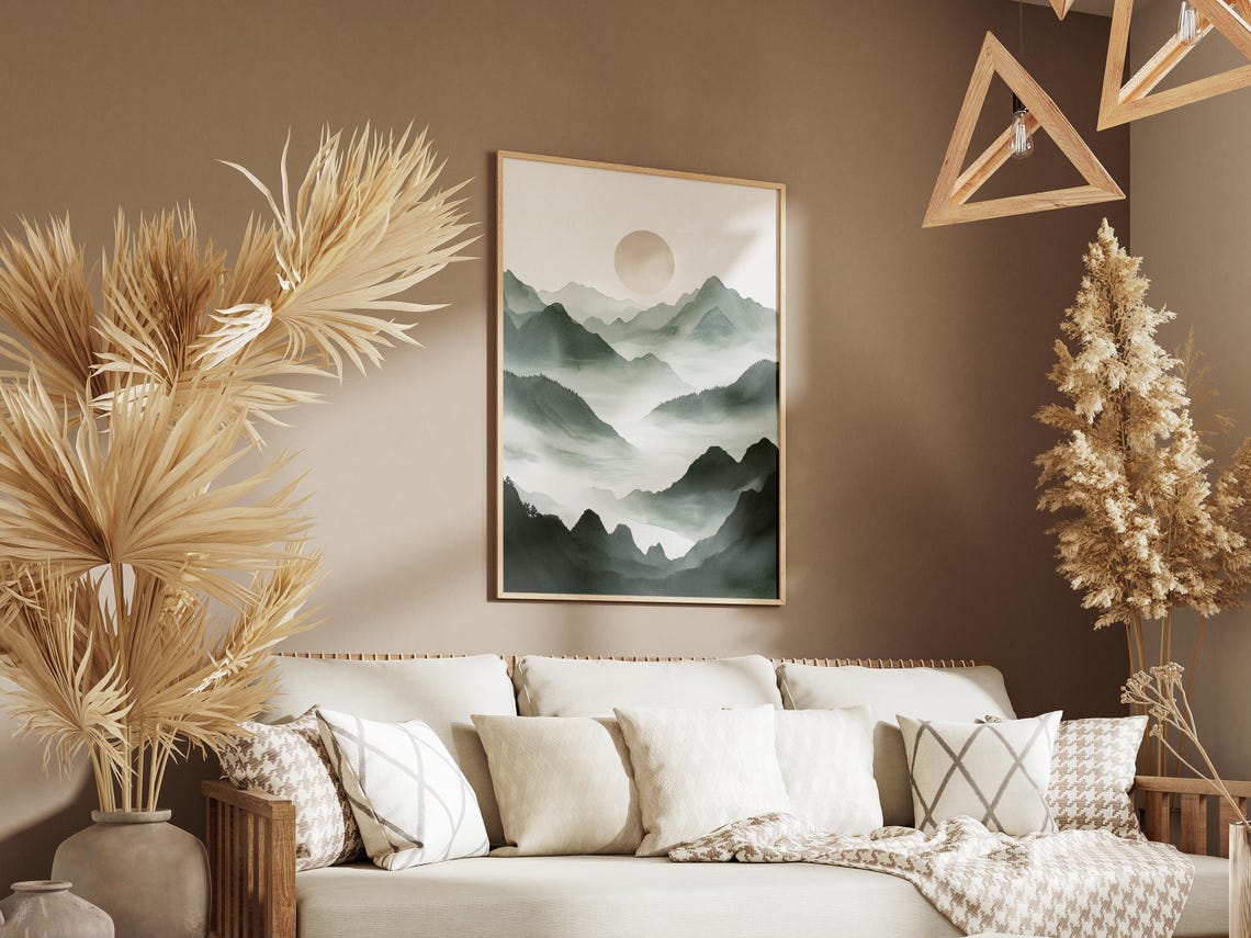 Green Misty Watercolor Mountains Pale Sun Japanese Inspired Poster - Image 3