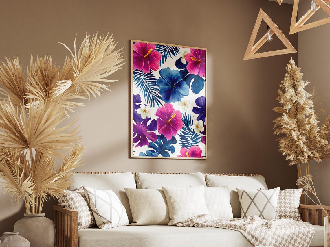Tropical Hibiscus Flower Pattern Watercolor Pink Blue Art Poster - Image 3