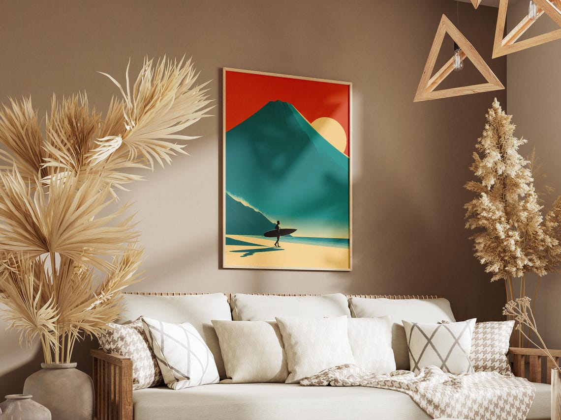 Warm Golden Big Retro Surfer Beach Walk Mountain Sunset Poster - Image 3