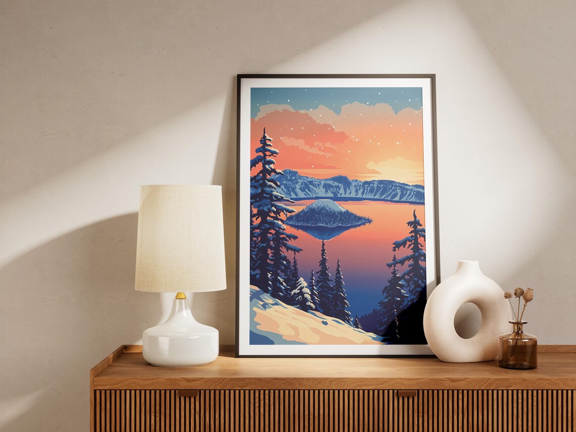 Crater Lake National Park Poster Oregon Winter Landscape Print Vintage Travel Poster Festive Holiday Decor Snow Covered Trees Lake Art - Image 5