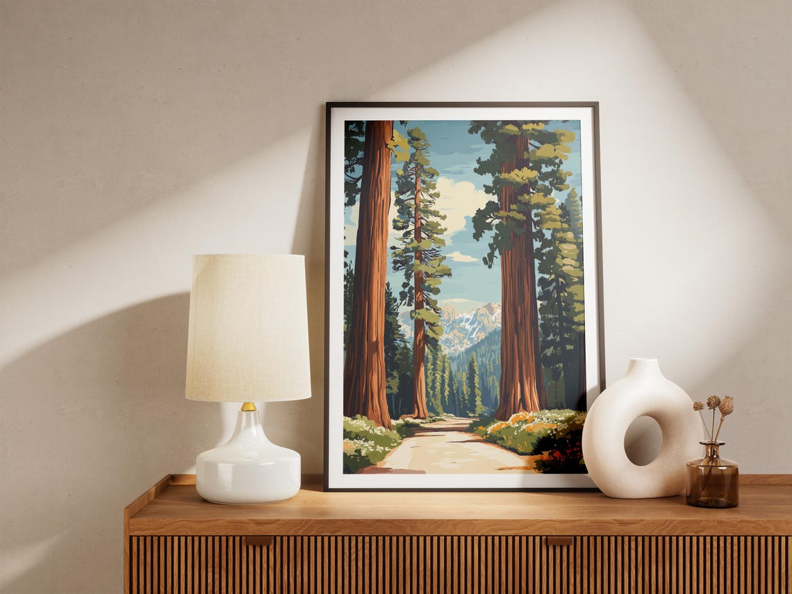Sequoia Giant Redwood Trees Along Sunlit Forest Path Art Poster - Image 4