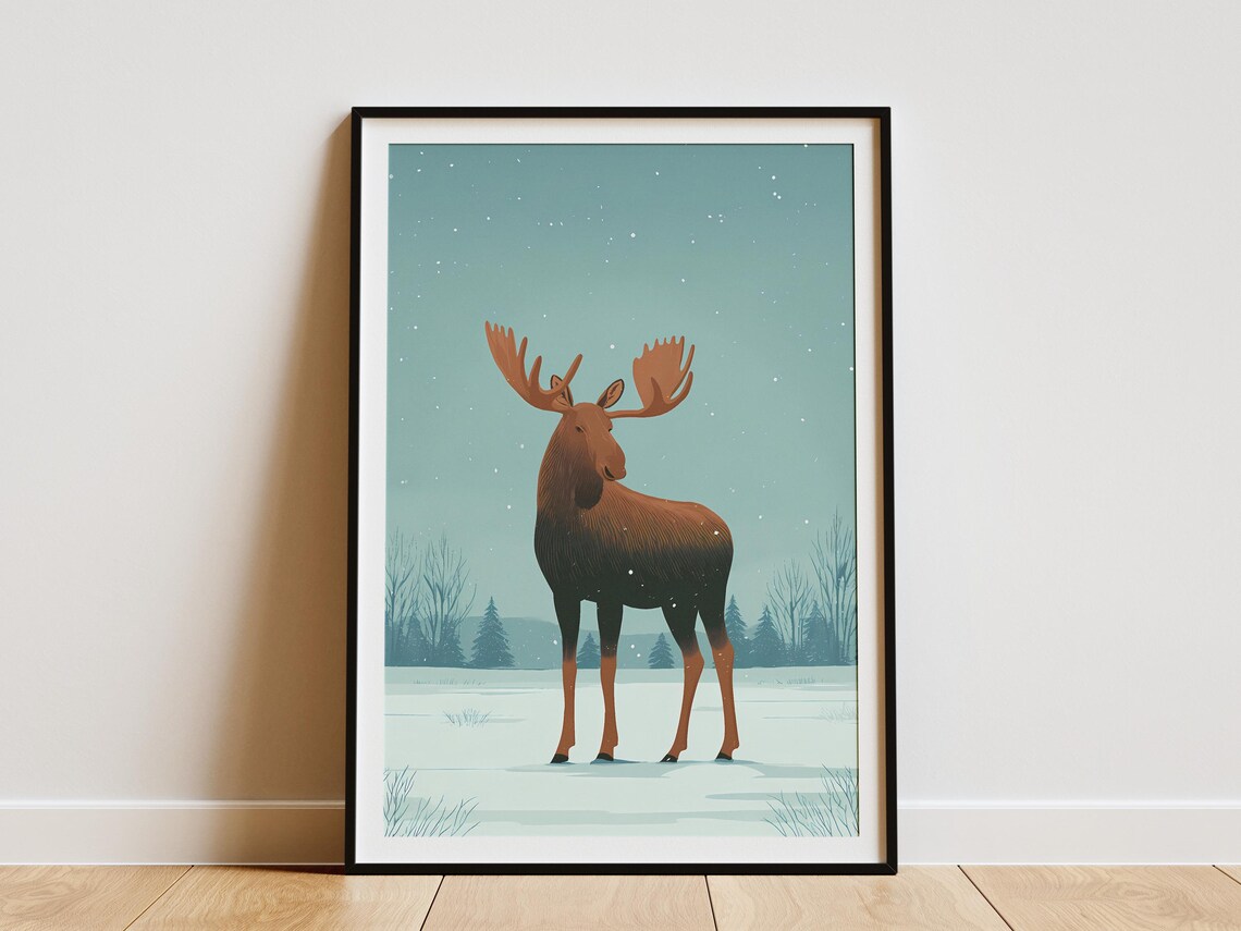Majestic Moose Standing in a Snowy Forest Under Falling Snow Art Poster