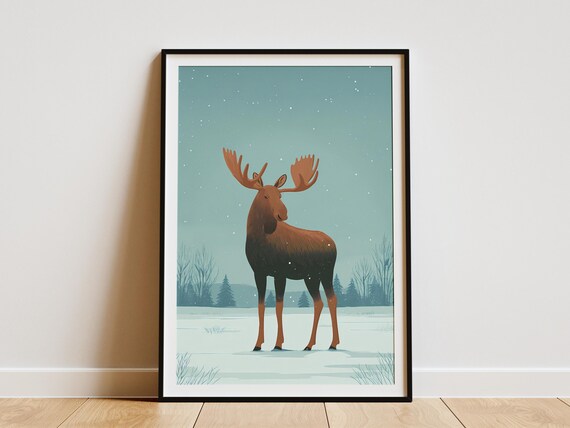 Majestic Moose Standing in a Snowy Forest Under Falling Snow Art Poster