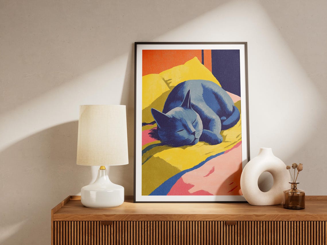Sleeping Russian Blue Cat Matisse Inspired Colorful Feline Poster - Image 4