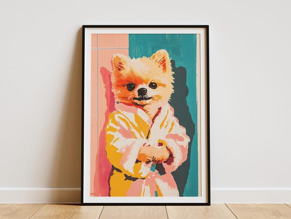 Pomeranian Puppy In Bathrobe Poster Bathroom Wall Art Funny Dog Print Cute Animal Artwork Modern Home Decor Lover Gift