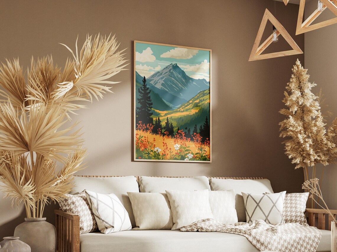 Caucasus Mountains Snowy Peak Wildflower Meadow Pines Poster - Image 3