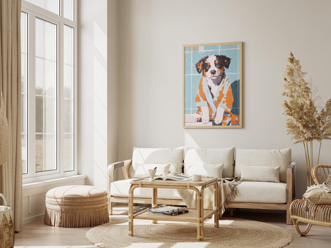 Australian Shepherd Puppy in Orange Bathrobe Cute Bath Poster - Image 3