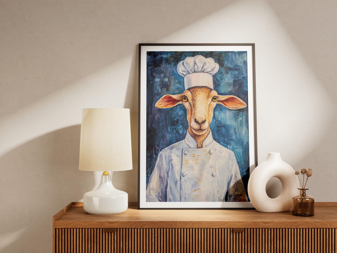 Confident Goat Chef Portrait In White Coat On Deep Blue Poster - Image 4