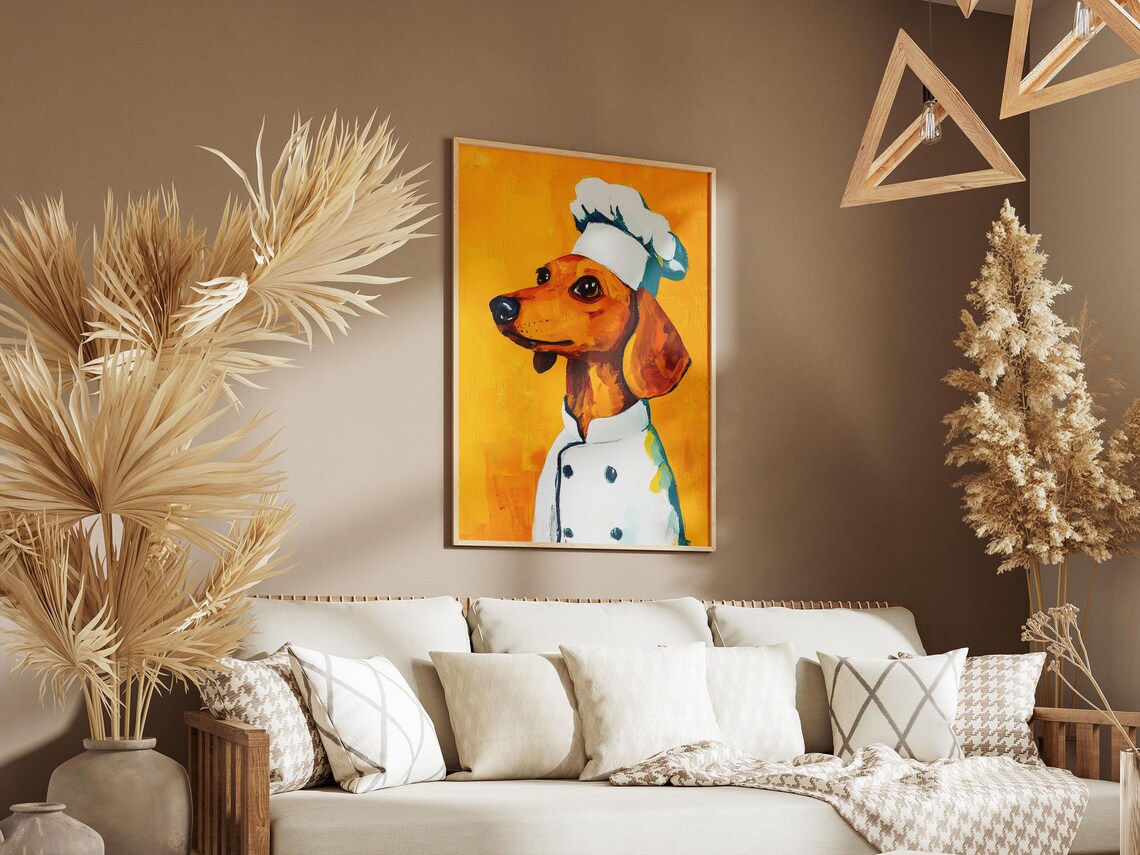 Dachshund Chef Whimsical Sausage Dog Portrait Yellow Art Poster - Image 3