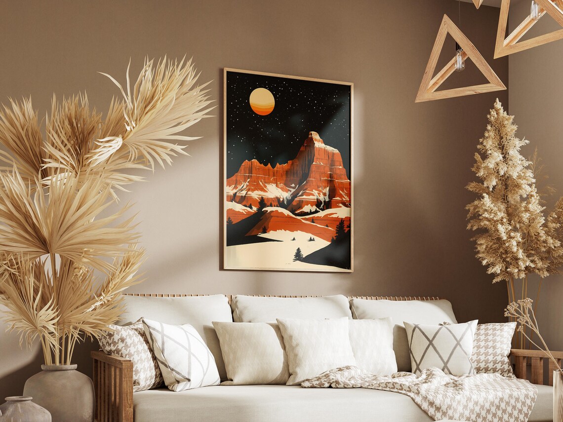 Badlands Snowy Orange Striped Buttes Under Full Moon Night Poster - Image 3