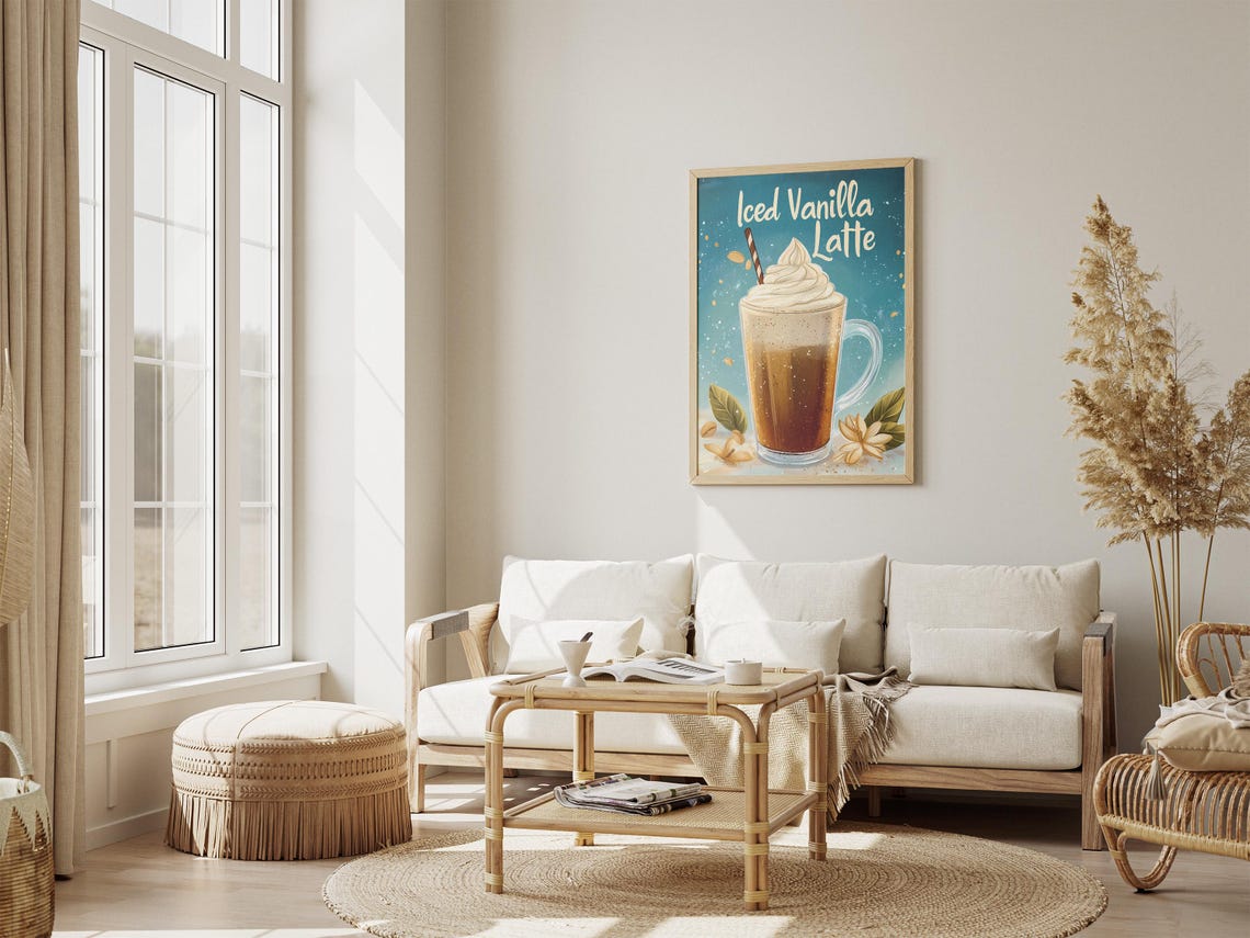 Iced Vanilla Latte Coffee Drink Poster Print Wall Art Kitchen Decor Coffee Shop Decor Caffeine Beverage Flatlay Illustration - Image 4