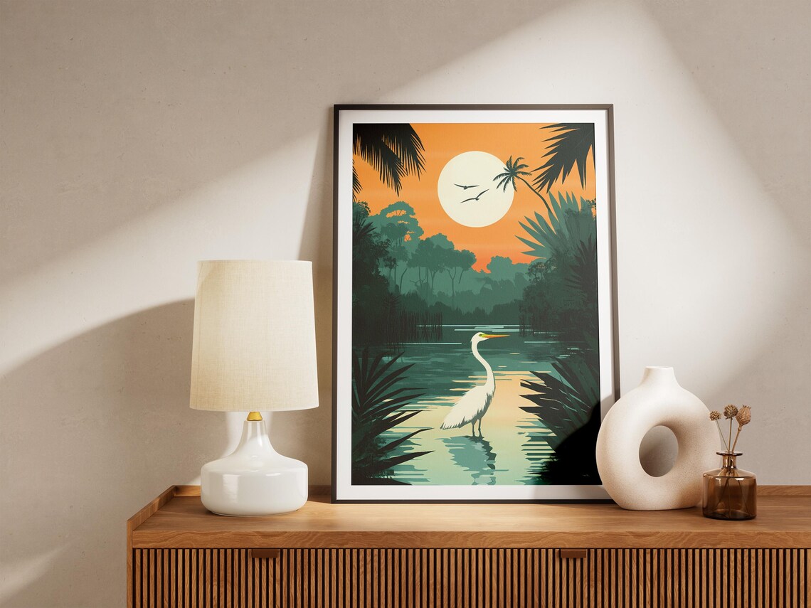 Everglades National Park Poster Florida Nature Print Retro Travel Poster Vintage Wildlife Art Bird Poster Great Egret Tropical Landscape - Image 5