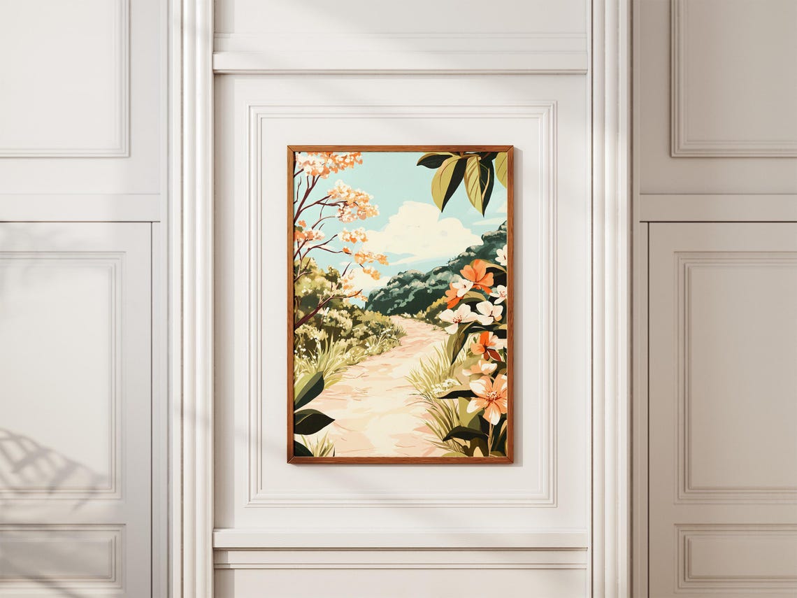 Winding Hillside Path With Blooming Trees Landscape Art Poster - Image 2