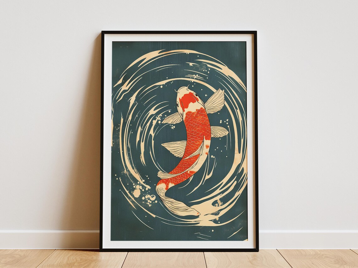 Japanese Koi Fish Poster Asian Art Print Red Fish Wall Art Traditional Japanese Fish Painting Zen Decor Aquatic Animal Poster Koi Pond Art