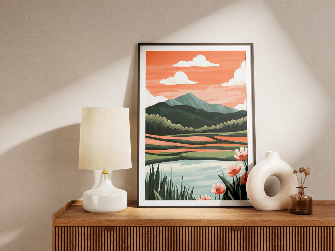 Orange Sunset Field With Green Mountains And Wildflowers Poster - Image 5