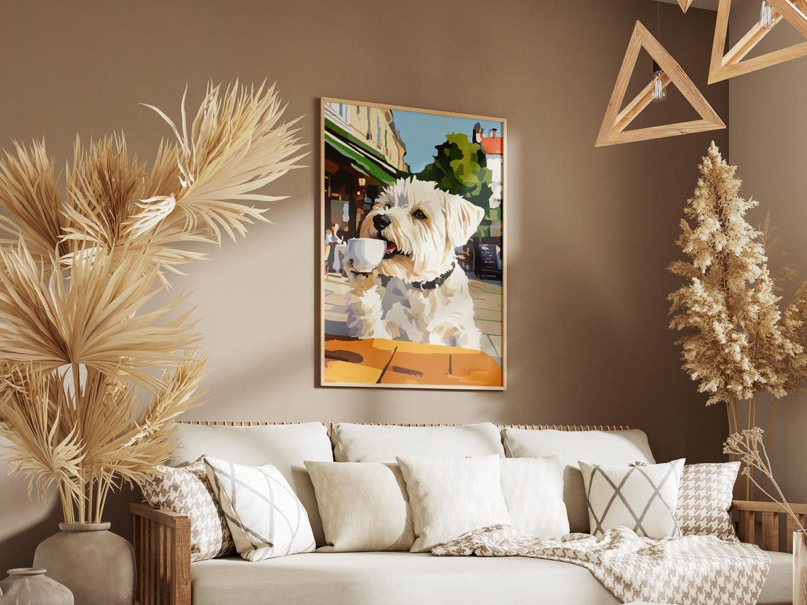 West Highland Terrier With Coffee At A Sunny Cafe Terrace Poster - Image 3