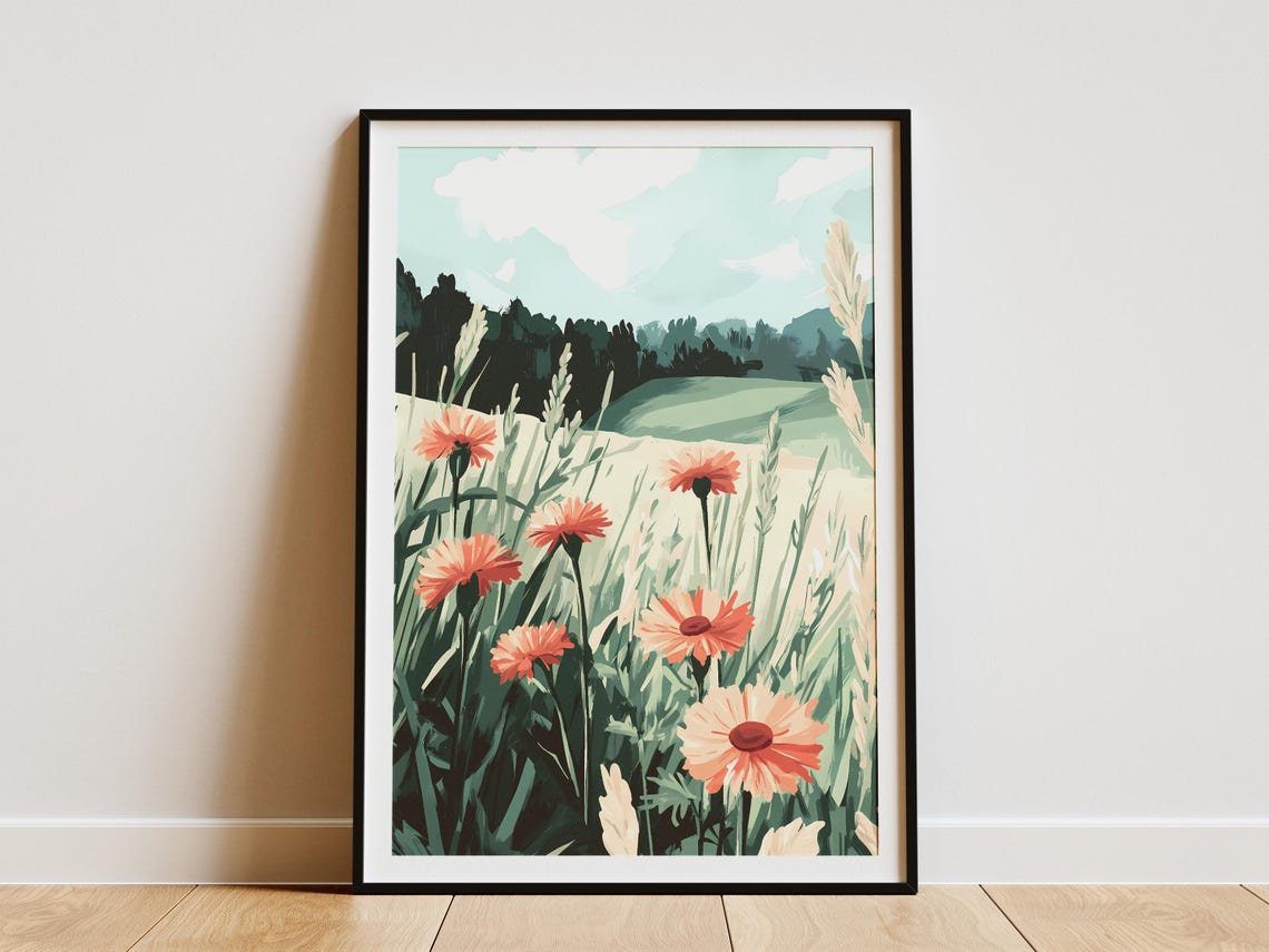 Orange Wildflower Meadow With Distant Rolling Green Hills Poster