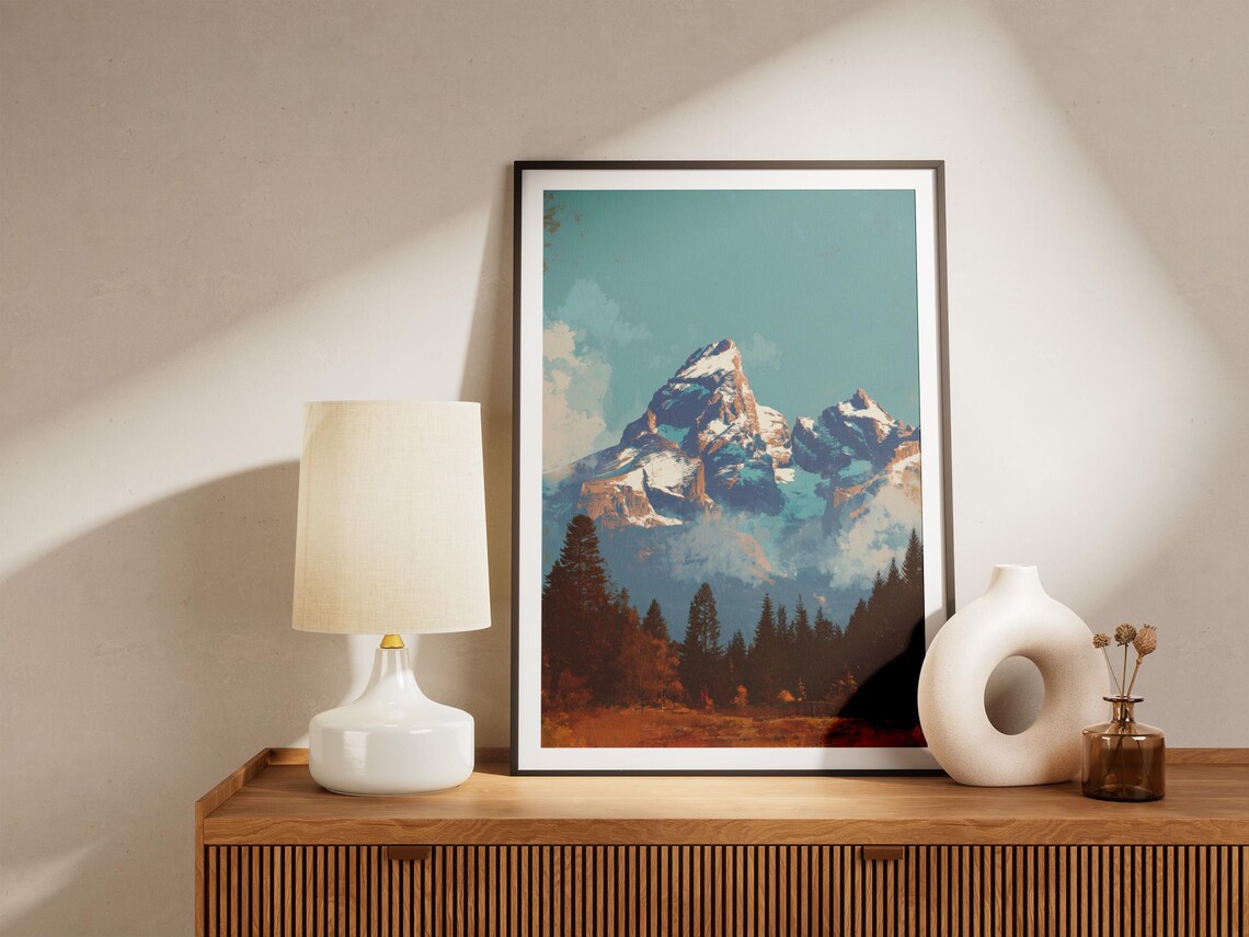 Grand Teton National Park Vintage Retro Mountain Peaks Scene Poster - Image 4