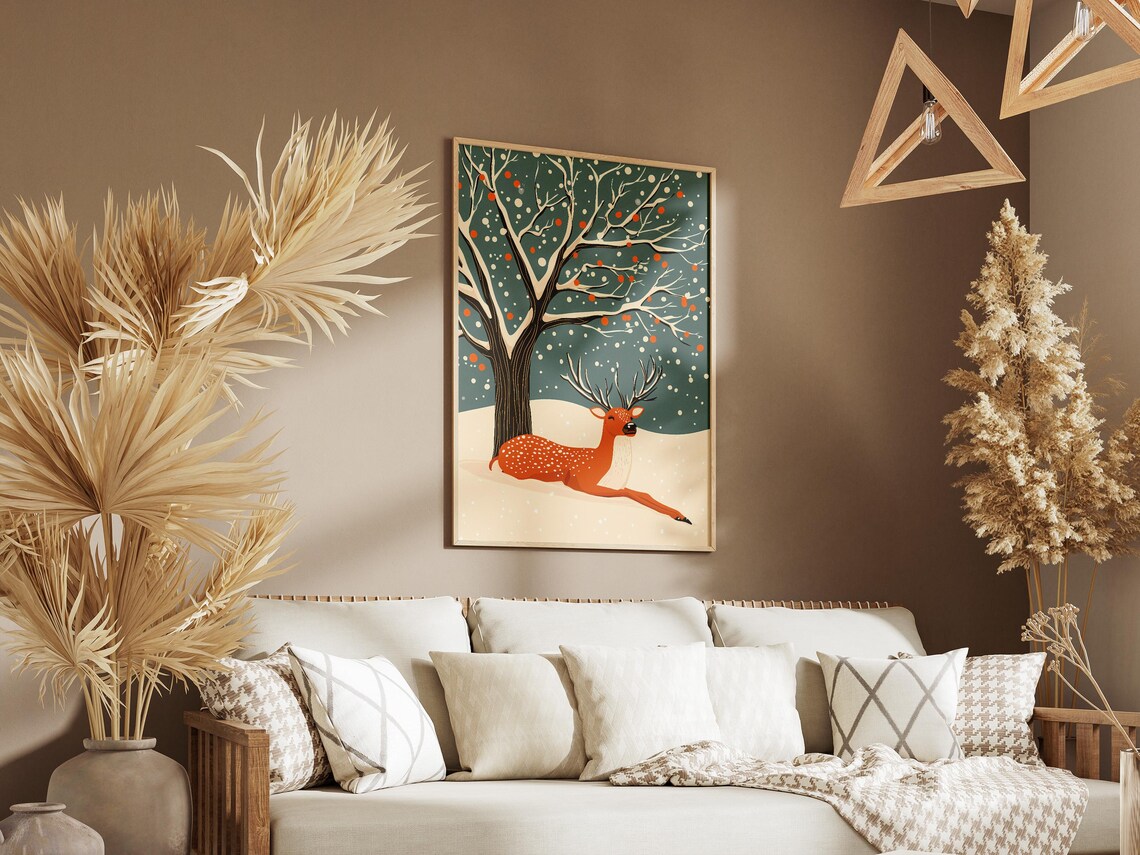Resting Spotted Deer Under Snowy Tree Berries Winter Night Poster - Image 3