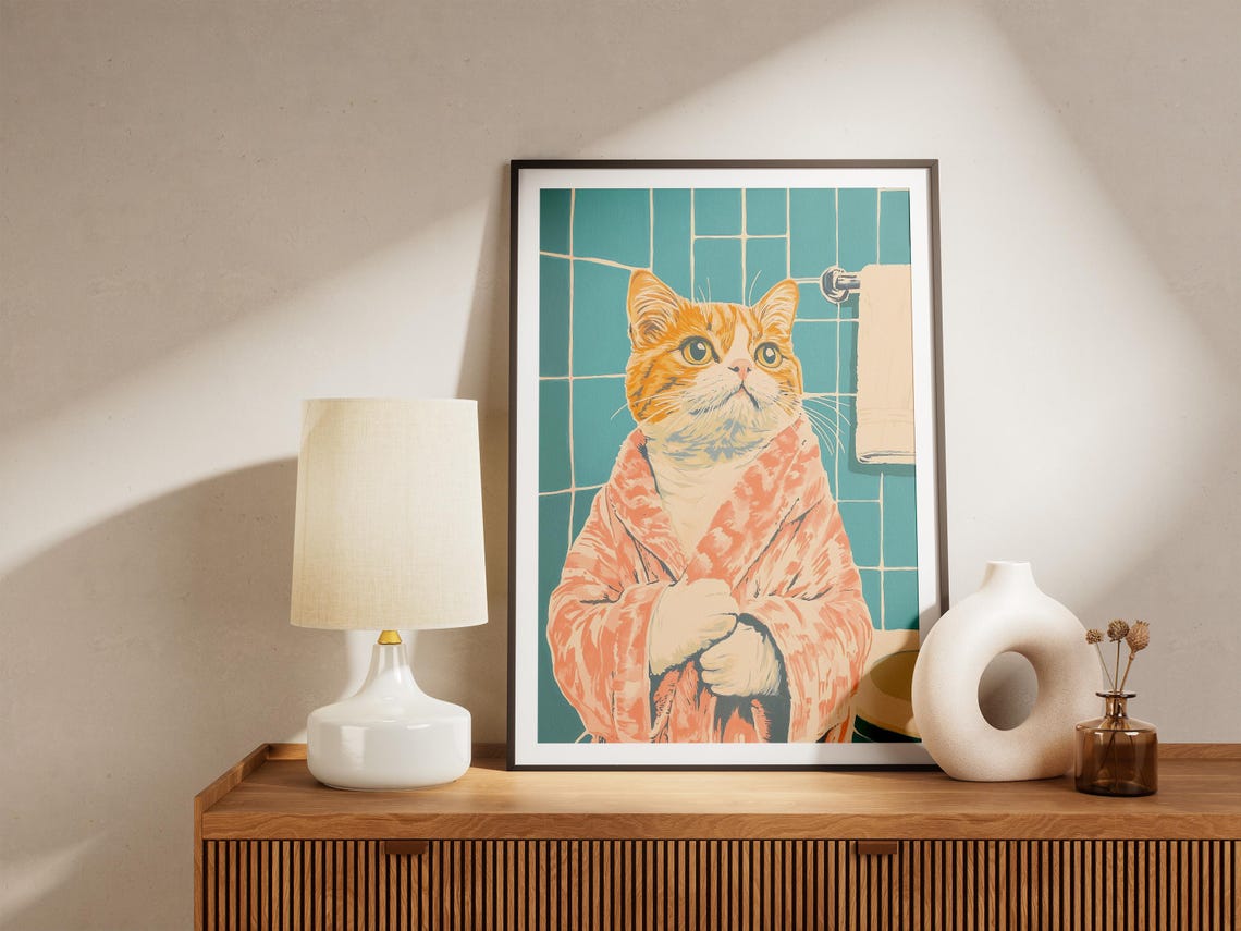 Orange Tabby Cat Bathrobe Retro Teal Bathroom Illustration Poster - Image 4