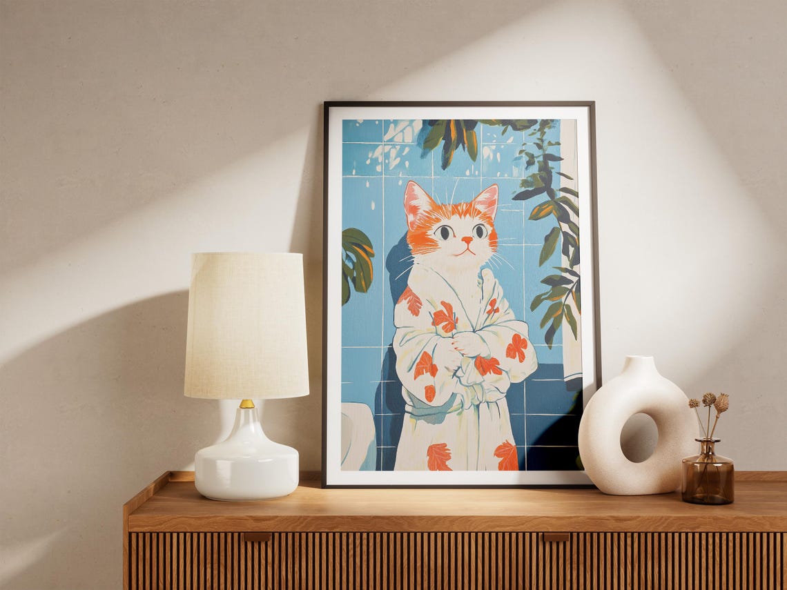 Orange Kitten in White Floral Bathrobe Blue Tile Cute Cat Wall Poster - Image 4